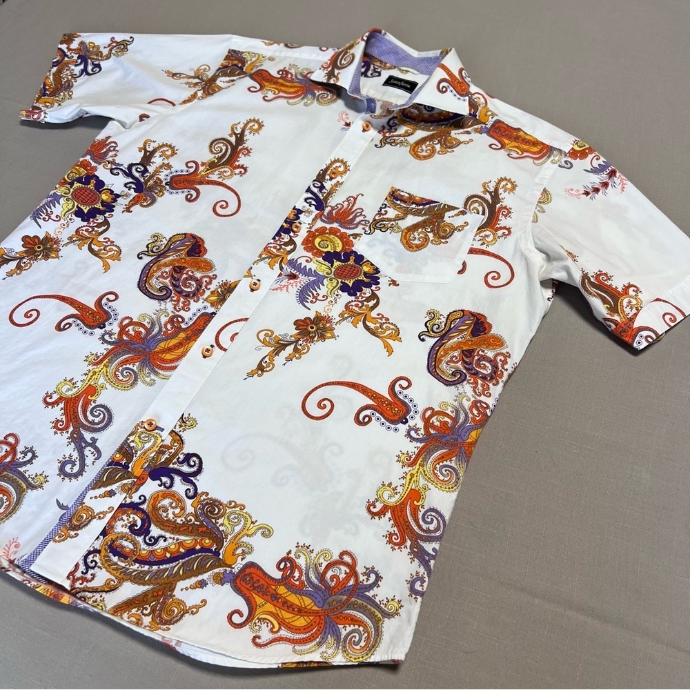 Neiman Marcus Men’s Paisley Print Button-Down Shirt | Medium | Short Sleeve - Picture 4 of 14